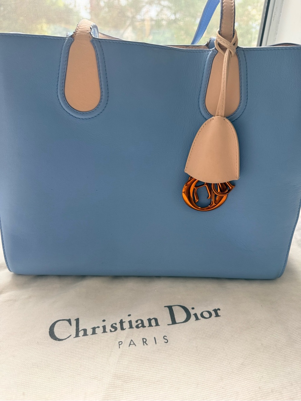 Dior Sky Blue Leather Tote with Beige Trim and Gold Charm